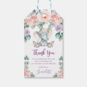Etiqueta Para Presente Aniversário Floral Rosa-Elefante Bonito Obrigado 