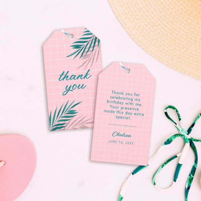 Etiqueta Para Presente Aniversário rosa do Partido da Piscina de Palm Pri (modern pink and teal thank you gift tags)