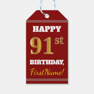 Etiqueta Para Presente Aniversário Vermelho, Faux Dourado 91 rua + Nome 