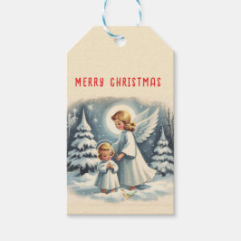 Etiqueta Para Presente Anjo de Natal Vintage, Criança e Pássaro