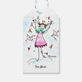 Etiqueta Para Presente Anjo Vermelho Trazendo Corações com Doves da Paz