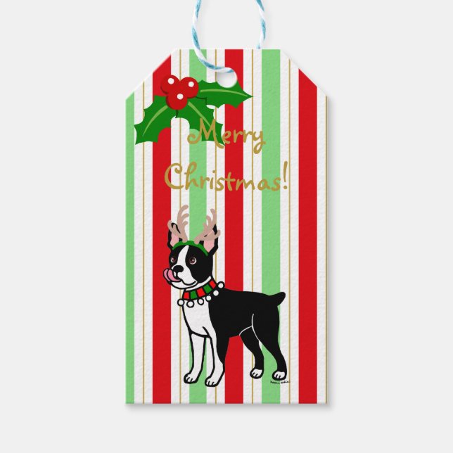 Etiqueta Para Presente Antlers de Natal de Boston Terrier (Frente)