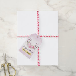 Etiqueta Para Presente Antlers Florais Rosa Bege e Dourado Aniversário de
