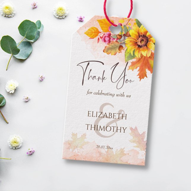 Etiqueta Para Presente Apaixonado pelo casamento de girassol no outono (Fall wedding favor gift tags sunflowers autumn foliage favor git tags yellow and brown)