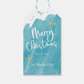 Etiqueta Para Presente Aqua Teal Watercolor Beach-Themed Felry Christmas