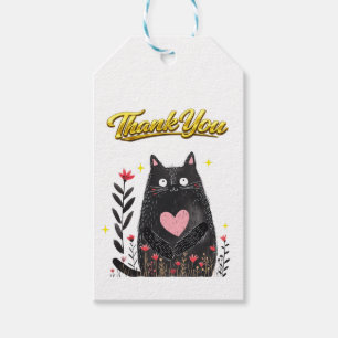 Etiqueta Para Presente Aquarela Floral Gato Preto com Coração Obrigado