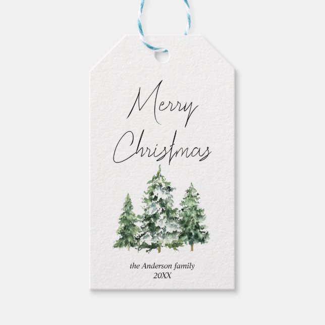 Etiqueta Para Presente Aquarela Inverno Pinheiros de Neve Feliz Natal (Frente)