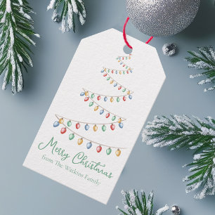 Etiqueta Para Presente Aquarela Merry Christmas Lights Tree Moderno
