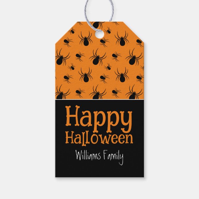 Etiqueta Para Presente Aranhas Feliz Halloween Black Orange Personalizado (Frente)