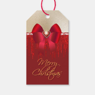 Etiqueta Para Presente Arco de cetim vermelho romântico no Natal do ouro