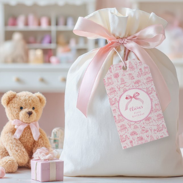 Etiqueta Para Presente Arco de Coquetes Rosa (pink coquette 1st birthday  for baby girl with ribbon)