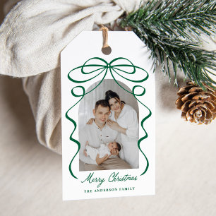 Etiqueta Para Presente Arco de Foto de Natal com Fita de Laço Verde Capri