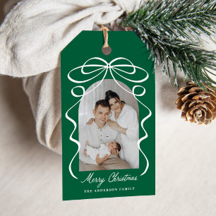 Etiqueta Para Presente Arco de Foto de Natal Verde com Laço Caprichoso