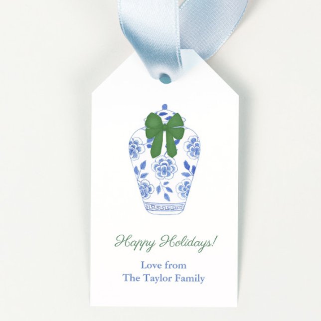 Etiqueta Para Presente Arco Verde refinado Ginger Jar Feliz Natal (Elegant blue and white ginger jar with festive green bow merry christmas gift tags)