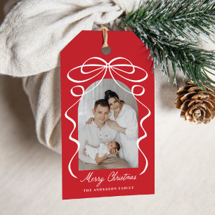 Etiqueta Para Presente Arco Vermelho de Foto de Natal com Laço Caprichoso