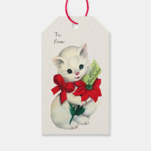 Etiqueta Para Presente Arco Vermelho de Kitten Natal Branco Adorável