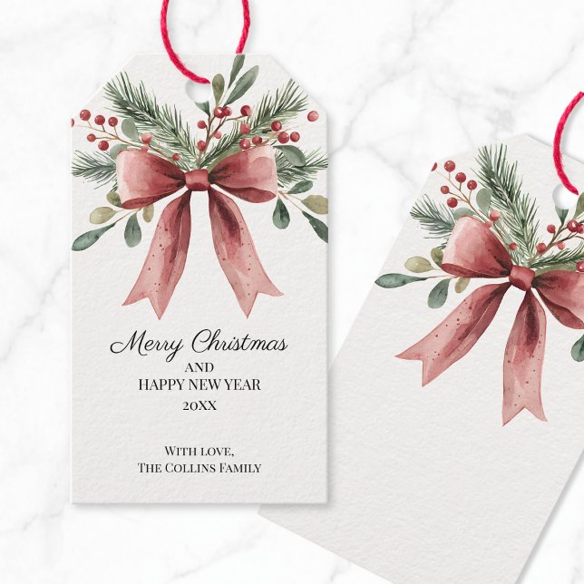 Etiqueta Para Presente Arco Vermelho Verde Holly Berries (Green Holly Berries Watercolor Red Bow Christmas Gift Tags)