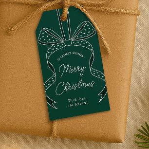 Etiqueta Para Presente Arco Whimsical e Fita Escura Verde Feliz Natal