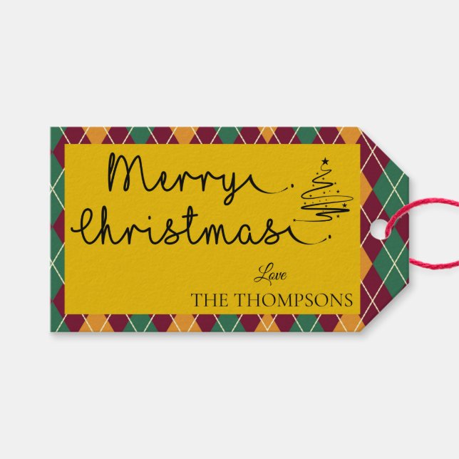 Etiqueta Para Presente Argyle Amarelo Laranja Verde Script Feliz Natal  (Frente (horizontal))