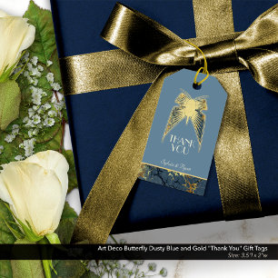 Etiqueta Para Presente Art Deco Borboleta Azul Dourado "Obrigado"