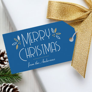 Etiqueta Para Presente Art Deco Natal Elegante Tipografia Azul Dourada