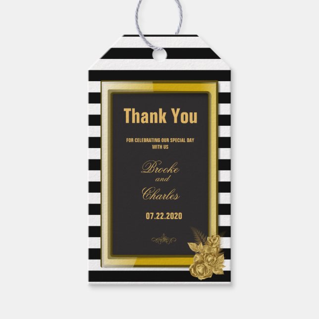Etiqueta Para Presente Art Deco Rosas Dourados, Stripes Casamento Obrigad (Frente)