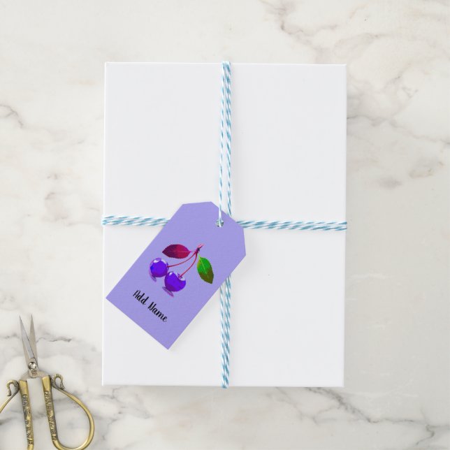 Etiqueta Para Presente Arte de Pop de Cereja Roxa Personalizada (Com cordão)