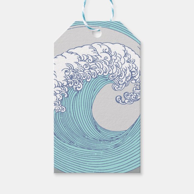 Etiqueta Para Presente Arte Oceânica Onda Surf Japonês (Frente)