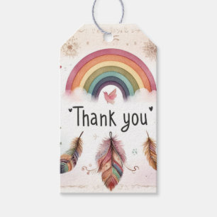 Etiqueta Para Presente Arvore de Chuva Colorida de Aquarela e Penas Boho