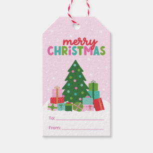 Etiqueta Para Presente Árvore de Natal Alegre com Presentes em Rosa Para/