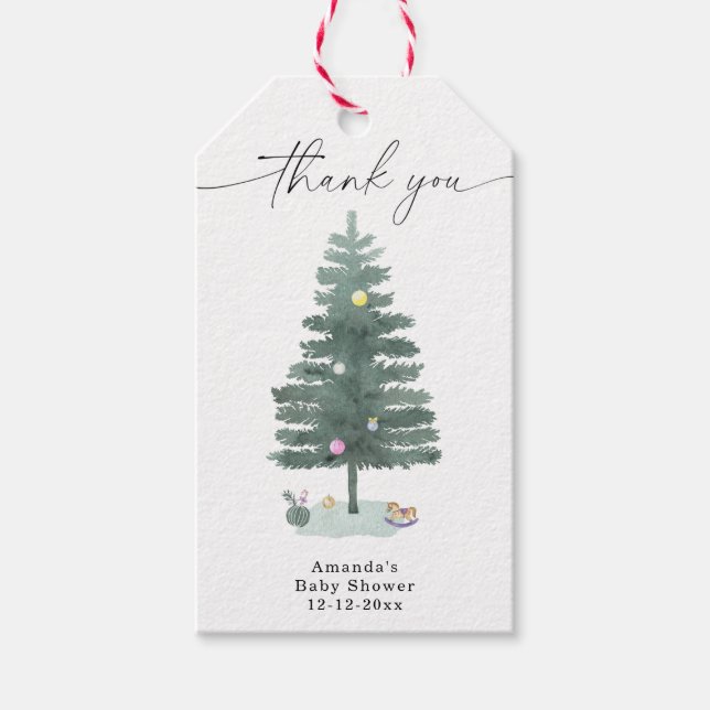 Etiqueta Para Presente Árvore de Natal aquarela - obrigado (Frente)