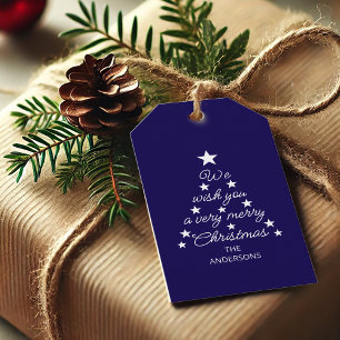 Etiqueta Para Presente Árvore de Natal Azul Estrelas Brancas & Tipografia