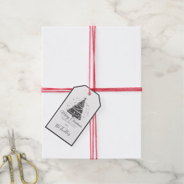 Etiqueta Para Presente Árvore de Natal Chic Elegante Preto Branco Script