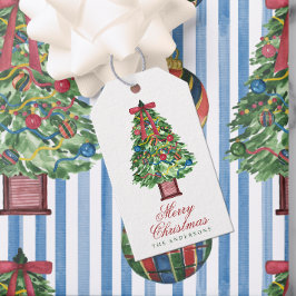 Etiqueta Para Presente Árvore de Natal com Arco Clássico em Aquarela