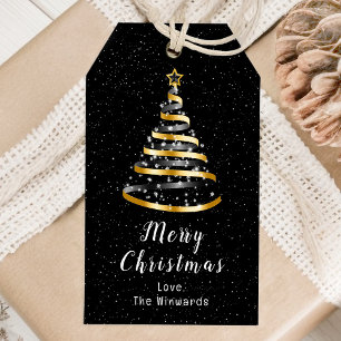 Etiqueta Para Presente Árvore de Natal com Fita Dourada e Preta Feliz Nat
