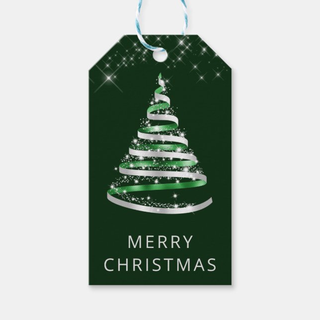 Etiqueta Para Presente Árvore de Natal com Fita Verde e Prata e Brilho (Frente)