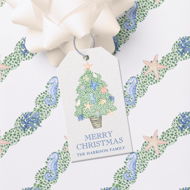 Etiqueta Para Presente Árvore de Natal Costeira de Aquarela (Criador carregado)