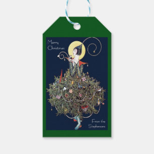 Etiqueta Para Presente Árvore de Natal de Natal no estilo Art Déco Retro