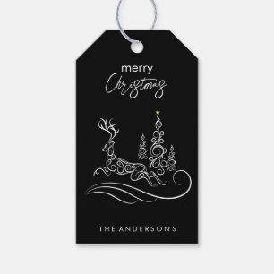 Etiqueta Para Presente Árvore de Natal e Rena Elegantes Modernos Feliz Na