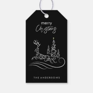 Etiqueta Para Presente Árvore de Natal e Rena Elegantes Modernos Feliz Na