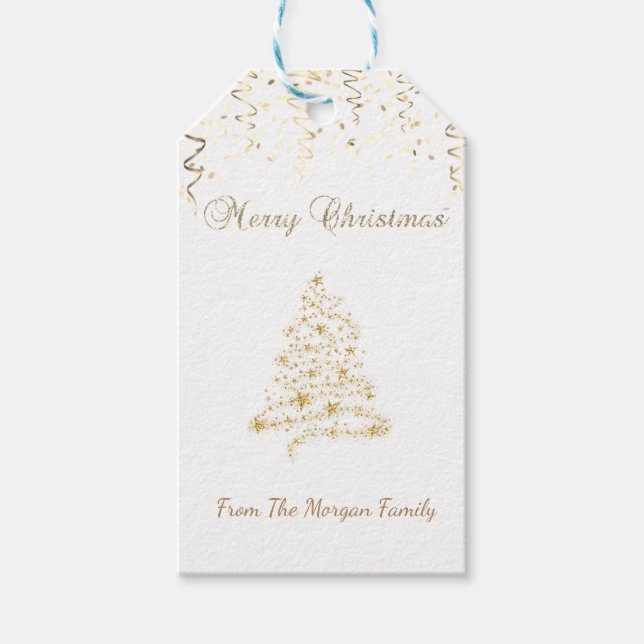 Etiqueta Para Presente Árvore de Natal elegante dourada, confete (Frente)