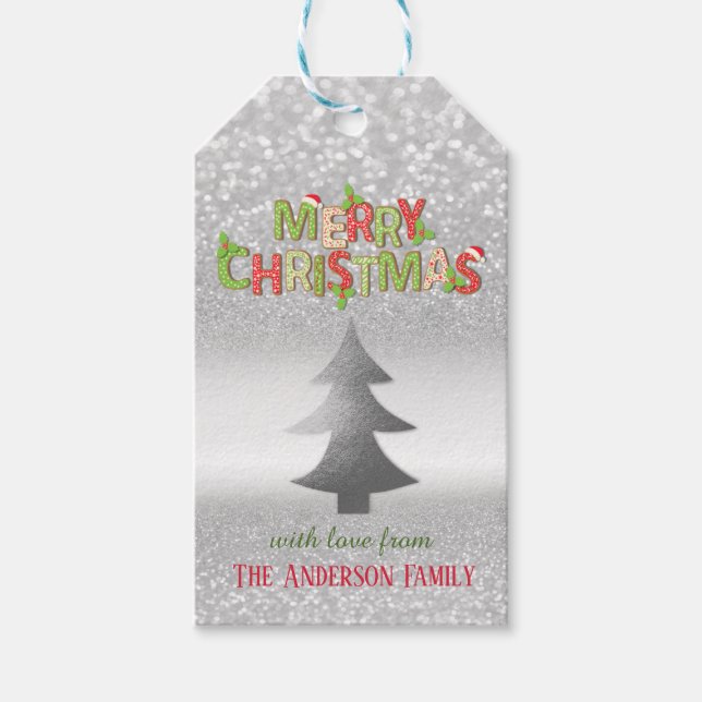 Etiqueta Para Presente Árvore de Natal Elegante Silver Bokeh (Frente)