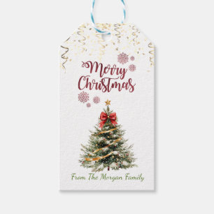 Etiqueta Para Presente Árvore de Natal em Aquarela com Laço Vermelho Pres