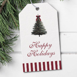 Etiqueta Para Presente Árvore de Natal em Aquarela com Listras Vermelhas 