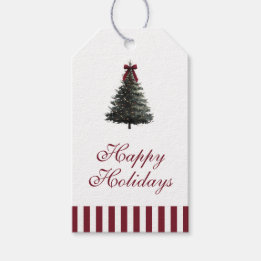 Etiqueta Para Presente Árvore de Natal em Aquarela com Listras Vermelhas