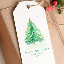 Etiqueta Para Presente Árvore de Natal em Aquarela com Neve Dourada