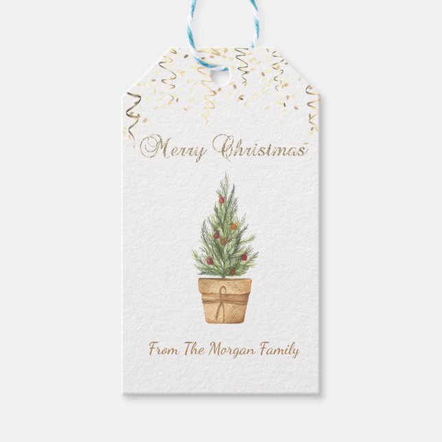 Etiqueta Para Presente Árvore de Natal em Aquarela, Confetes (Frente)