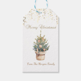 Etiqueta Para Presente Árvore de Natal em Aquarela,Confetes Dourados