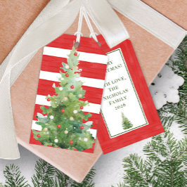 Etiqueta Para Presente Árvore de Natal em Aquarela Listras Vermelhas e Br