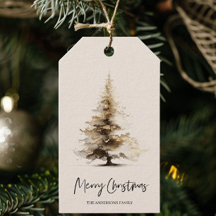 Etiqueta Para Presente Árvore de Natal em Aquarela Neutra Elegante